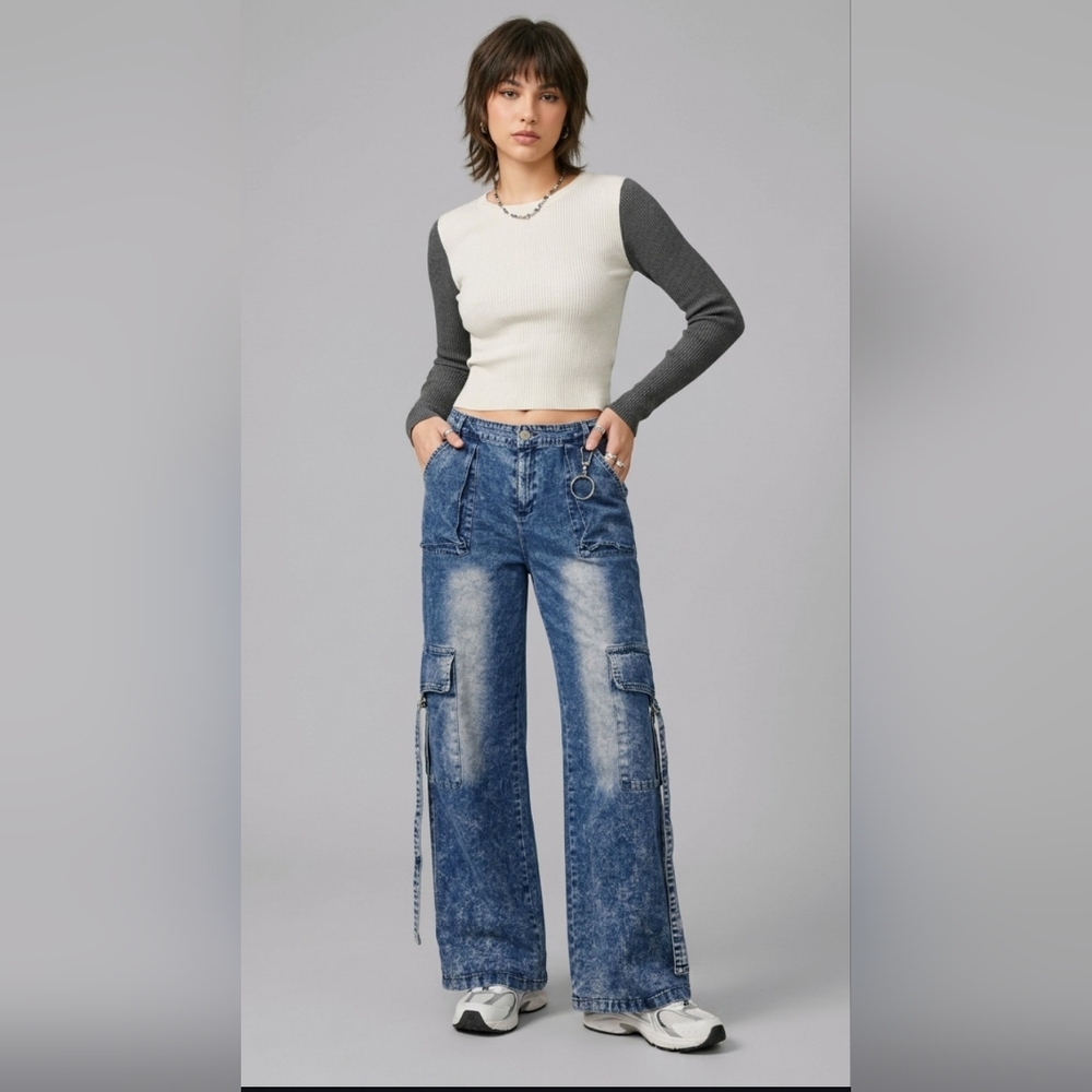 Hot & Delicious Wide Leg Cargo Stretch denim Jeans, Women's L EUC
